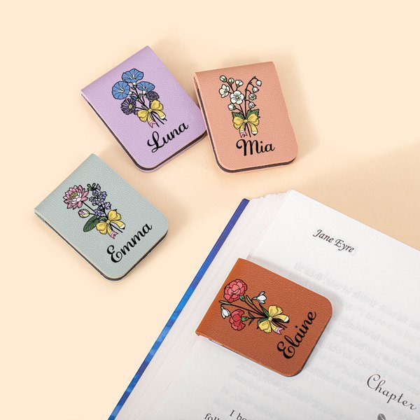 Personalized Pencil Bow Birth Flower Multicolor Magnetic PU Leather Bookmark Clip with Name Birthday Back to School Gift for Teachers Bookworm