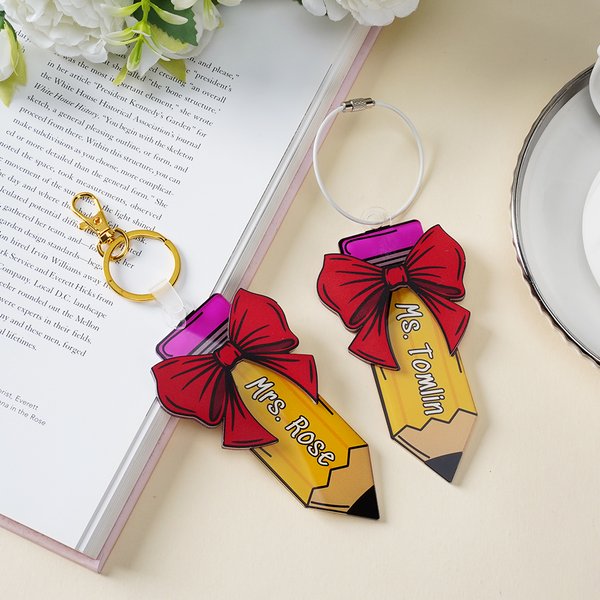 Personalized Pencil Coquette Bow Design Bag Tag with Name Backpack Decoration Back to School Birthday Gift for Teachers Kids