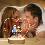 Personalized Cartoon Couple Character Heart-Shaped Name LED Night Light with Wooden Base Home Decor Valentine's Day Anniversary Gift for Couple