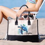 Personalized Floral Sea Turtle Large Reusable Women's Canvas Tote Bag with Name Travel Accessory Birthday Anniversary Gift for Besties Friends