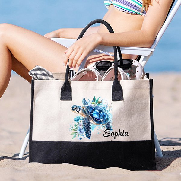 Personalizzata Tartaruga marina floreale Grande riutilizzabile Donna Borsa Tote in tela con nome Accessorio da viaggio Compleanno Anniversario Regalo per amici di famiglia
