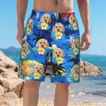 Personalized Hawaiian Theme  Palm Trees Beach Shorts with Pet Photo and Drawstring Summer Travel Vacation Essential Birthday Gift for Men Pet Lovers