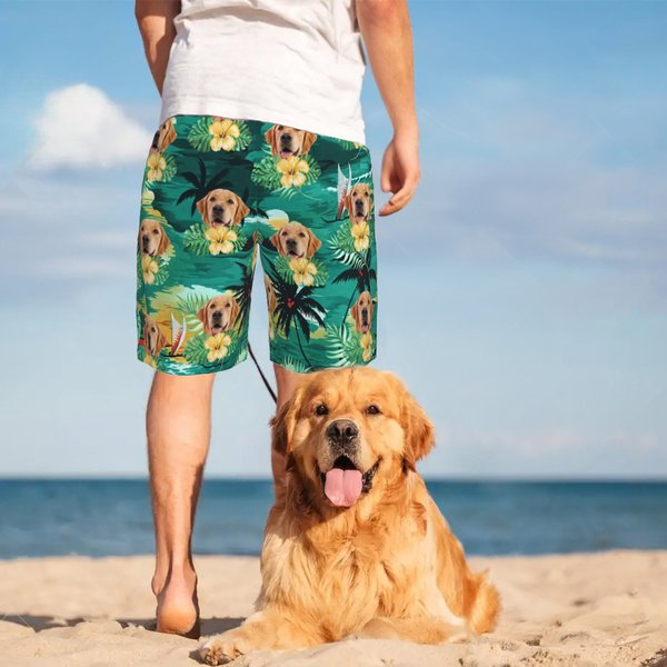 Personalized Hawaiian Theme  Palm Trees Beach Shorts with Pet Photo and Drawstring Summer Travel Vacation Essential Birthday Gift for Men Pet Lovers