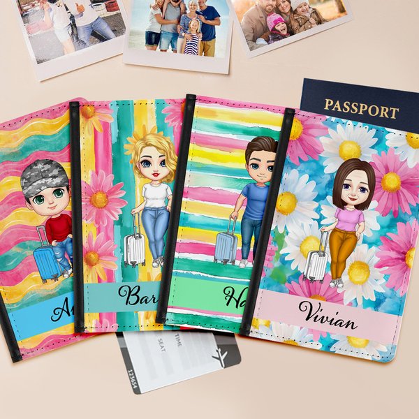 Personalizzato acquerello floreale cartone animato viaggio personaggio PU pelle titolare del passaporto con nome compleanno estate vacanza regalo per la famiglia