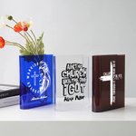 Personalisierte Kreuz Bibel Zitate Clear Buchstütze Vase mit Namen Ästhetische Raumdekoration Taufe Geburtstag Geschenk für Frauen Christen Buchliebhaber