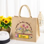 Gepersonaliseerde Potloden Boeken Bloemen Jute Tote Bag met Naam Grote Opslag Reis Accessoire Feest Verjaardag Cadeau voor Vrouwen