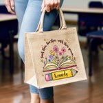 Gepersonaliseerde Potloden Boeken Bloemen Jute Tote Bag met Naam Grote Opslag Reis Accessoire Feest Verjaardag Cadeau voor Vrouwen
