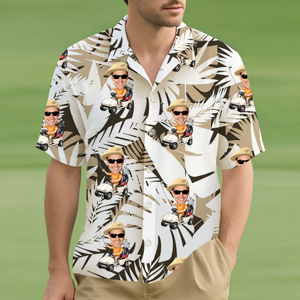 Personalisiertes Hawaiihemd mit Gesicht-Foto Golf-Elemente Kurzarmes Shirt Jahrestag Geburtstag Geschenk für Golfspieler Herren Damen