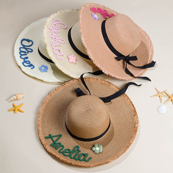 Personalized Braided Flower Floppy Beach Hat with Name Summer Accessory Birthday Holiday Honeymoon Gift for Women
