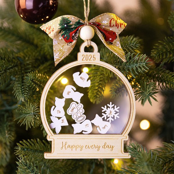 Personalizado copo de nieve perro gato ángel 3D agitador de madera de Navidad nieve globo ornamento con 1-10 nombres año texto Navidad regalo para amigos de la familia