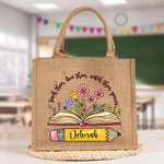 Gepersonaliseerde Potloden Boeken Bloemen Jute Tote Bag met Naam Grote Opslag Reis Accessoire Feest Verjaardag Cadeau voor Vrouwen