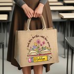 Gepersonaliseerde Potloden Boeken Bloemen Jute Tote Bag met Naam Grote Opslag Reis Accessoire Feest Verjaardag Cadeau voor Vrouwen