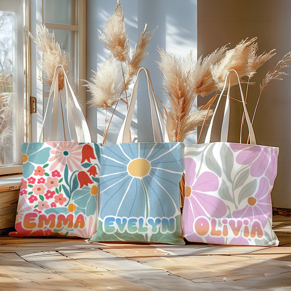 Personalisierte Bunte-Blumen Große Canvas Tragetasche mit Namen