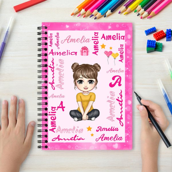Personalised Cartoon Character Word Cloud Multicolour A5 Spiral Notebook with Name and Initial Anniversary Birthday Gift for Girls Boys