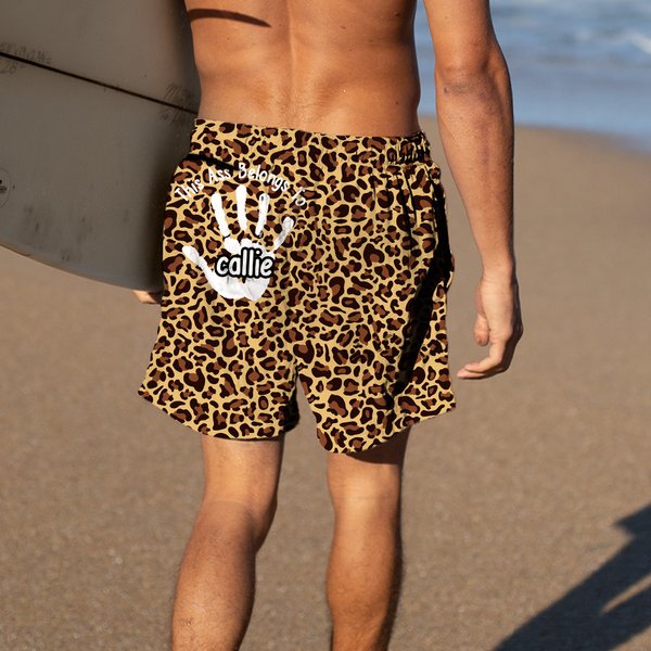 Personalized Palm Print Funny This Ass Belongs To Quick Dry Swim Trunks Beach Shorts with Name Beach Party Vacation Birthday Gift for Men