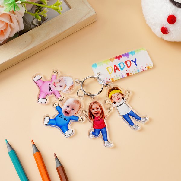Gepersonaliseerde grappige 1-4 kinderen gezicht foto cartoon acryl sleutelhanger met naam en papa Tag Vaderdag verjaardagscadeau voor papa familie