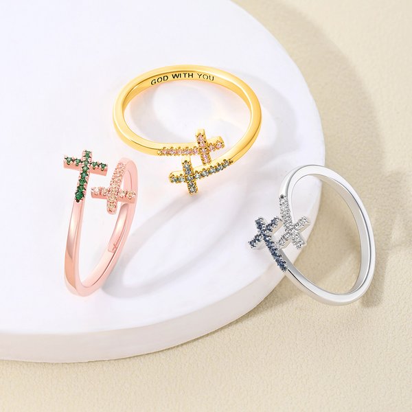 Anello aperto personalizzato con doppia croce intarsiata e testo inciso Gioielli raffinati Regalo di battesimo, anniversario e compleanno per donne cristiane