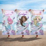 Toalla de playa de gran tamaño de secado rápido con nombre, personalizada, de dibujos animados de una sirena de fantasía marina, para fiestas de verano, viajes y cumpleaños.