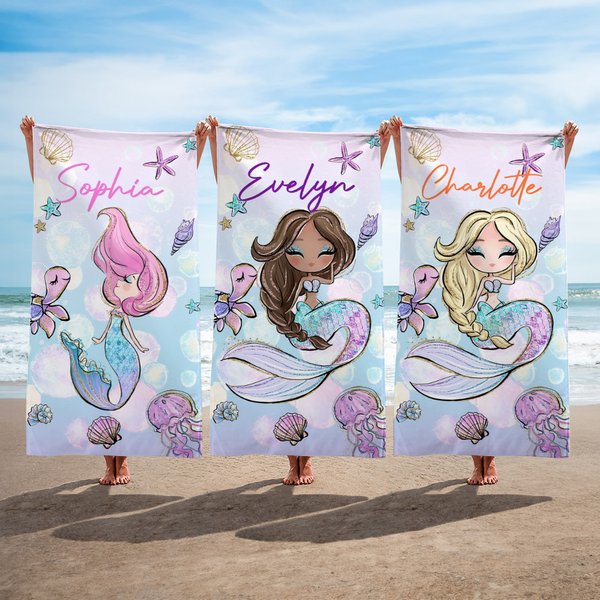 Serviette de Plage Personnalisée avec Motif Sirène Fantaisie Marine et Nom Cadeau Anniversaire Fête d’Été pour Fille