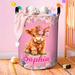 Personalised Flower Butterfly Highland Cow Large Waterproof Laundry Storage Basket with Name Nursery Decor Birthday Gift for Kid Family