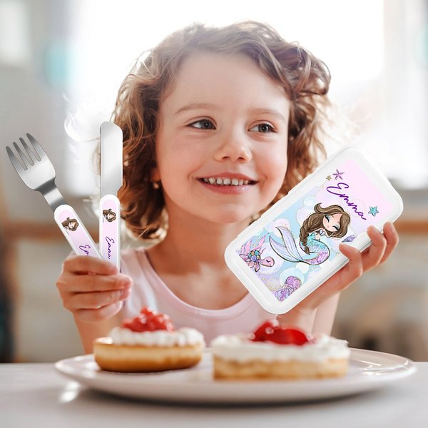 Personalised Fantasy Mermaid Kid's Fork Spoon Knife 3 Pcs Cutlery Set with Case and Name Birthday Gift for Kids Ocean Lovers