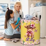 Personalised Flower Butterfly Highland Cow Large Waterproof Laundry Storage Basket with Name Nursery Decor Birthday Gift for Kid Family