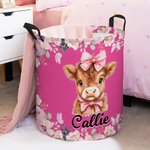 Personalised Flower Butterfly Highland Cow Large Waterproof Laundry Storage Basket with Name Nursery Decor Birthday Gift for Kid Family