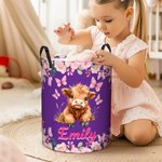 Personalised Flower Butterfly Highland Cow Large Waterproof Laundry Storage Basket with Name Nursery Decor Birthday Gift for Kid Family