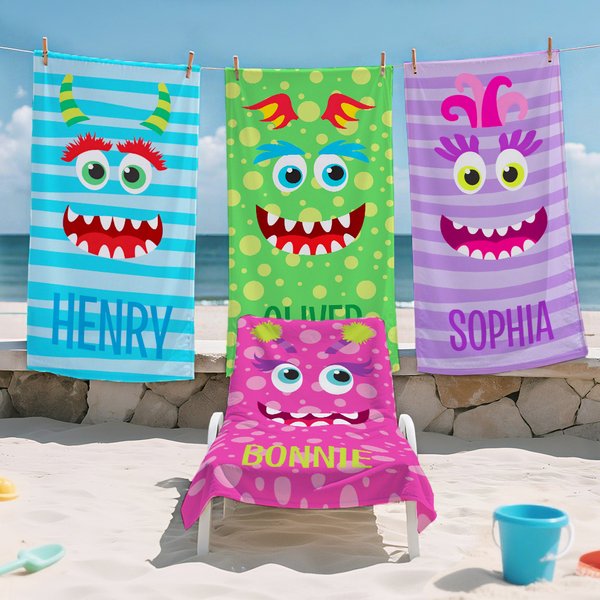 Gepersonaliseerde kleurrijke Monster Patroon Naam Oversized Sneldrogende Microfiber Strandhanddoek Travel Essentials Vakantie Verjaardagscadeau voor familie Kinderen