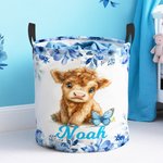 Personalised Flower Butterfly Highland Cow Large Waterproof Laundry Storage Basket with Name Nursery Decor Birthday Gift for Kid Family