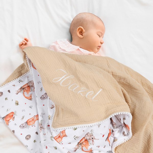 Personalised Wild Flower Cute Fox Giraffe Elephant Baby Blanket with Embroidered Name Birthday Baby Shower Gift for Newborns