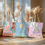 Sac Fourre-tout en Toile Personnalisé avec Motif Floral et Nom Cadeau Anniversaire Vacances Souvenir pour Femme Fille
