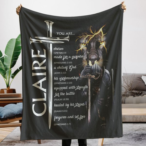 Personalised Lion Cross Bible Verse Soft Throw Blanket with Name Home Decor Birthday Baptism Gift for Men Christians
