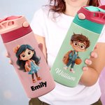 Personalized Cute Cartoon Character Name 12 oz Insulated Water Bottle with Straw and Spill-Proof Lid Back to School Gift for Boys Girls