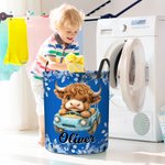 Personalised Flower Butterfly Highland Cow Large Waterproof Laundry Storage Basket with Name Nursery Decor Birthday Gift for Kid Family