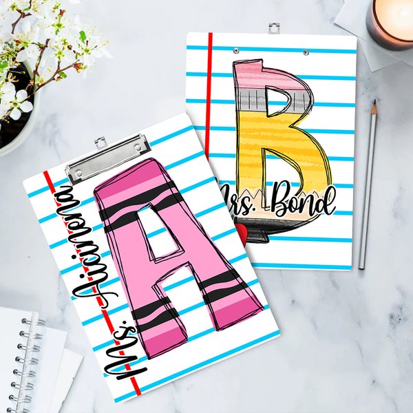 Personalized Graffiti Pencil Crayon Initial Design Acrylic Clipboard with Low Profile Clip Teacher's Day Appreciation Back to School Gift for Teachers
