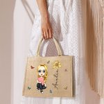 Sac à Main Personnalisé avec Femme de Dessin et Fleur de Naissance Cabas en Jute de Grande Capacité Cadeau Anniversaire Mariage Fête pour Femme