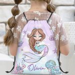 Personalisierte Adorable Mermaid Portable Drawstring Rucksack Tasche mit Namen täglichen Gebrauch Reisezubehör Geburtstag Geschenk für Mädchen