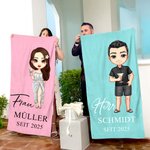 Personalisiertes Cartoon Herr Frau Strandtuch mit Namen Mehrfarbig Schnelltrocknend Übergroß Flitterwochen Hochzeit Party Geschenk für Braut Bräutigam