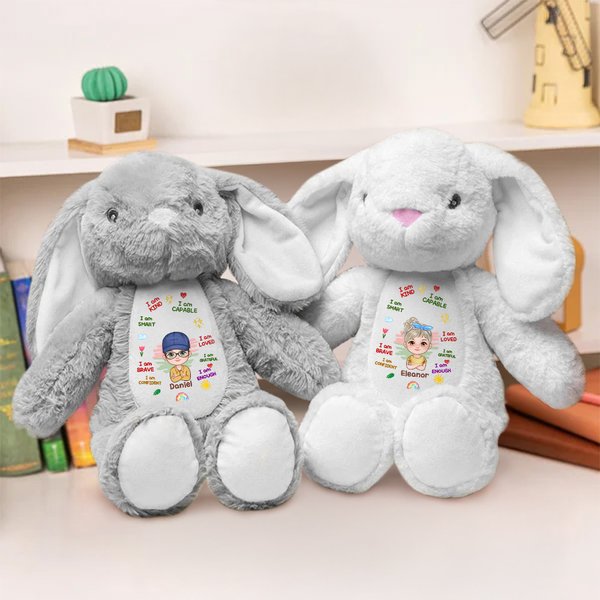 Personnalisé Je Suis Gentil Intelligent Courageux Aimé Personnage de dessin animé enfant Mignon Lapin Jouet avec nom Pâques Journée des enfants Cadeau de rentrée pour les garçons Filles
