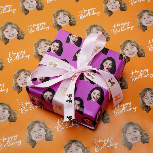 Personalized Funny Face Photo Multicolour Wrapping Paper with Text Christmas Birthday Holiday Favor Packing for Family Friends