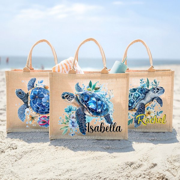 Sac Fourre-Tout en Toile de Jute Personnalisé avec Motif Tortue de Mer Fleurie et Nom Accessoire de Voyage Cadeau Anniversaire Plage pour Femme