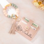 Porte-Cartes Personnalisé avec Fleur de Naissance et Nom Porte-Carte en Cuir avec Bracelet en Perles Cadeau Fête des Mères pour Femme