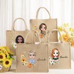 Personalized Birth Flower Cartoon Character Reusable Jute Tote Bag with Name Birthday Gift for Women