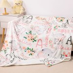 Personalised Floral Cute Elephant Girl Blanket with Name Christmas Birthday Baby Shower Gift for Baby Kid Family