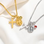 Personalizada Virgen María Cruz Collar con Piedra de Nacimiento Dainty Joyería Cumpleaños Religioso Bautizo Regalo para Mujeres Cristianas