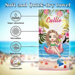 Personalized Tropical Plants Cartoon Character Quick Dry Oversized Beach Towel with Name Summer Vacation Party Birthday Gift for Women Girls