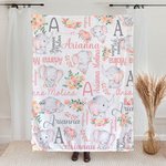 Personalised Floral Cute Elephant Girl Blanket with Name Christmas Birthday Baby Shower Gift for Baby Kid Family