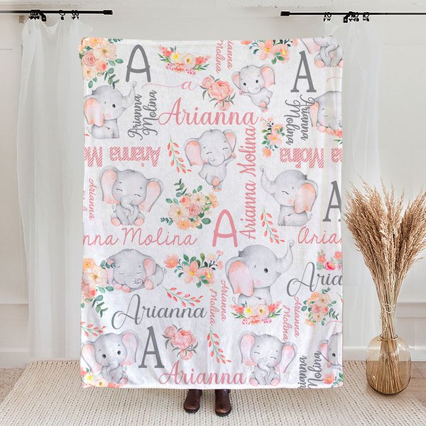 Personalized Floral Cute Elephant Girl Blanket with Name Christmas Birthday Baby Shower Gift for Baby Kid Family