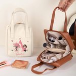 Personalised Birth Flower Cartoon Character PU Leather Makeup Bag with Handle and Travel Anniversary Birthday Gift for Women